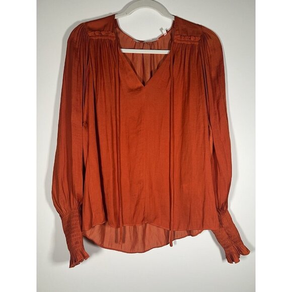 Rebecca Taylor Tops - Rebecca Taylor rust orange v-neck pleated sleeves blouse M boho flowy office